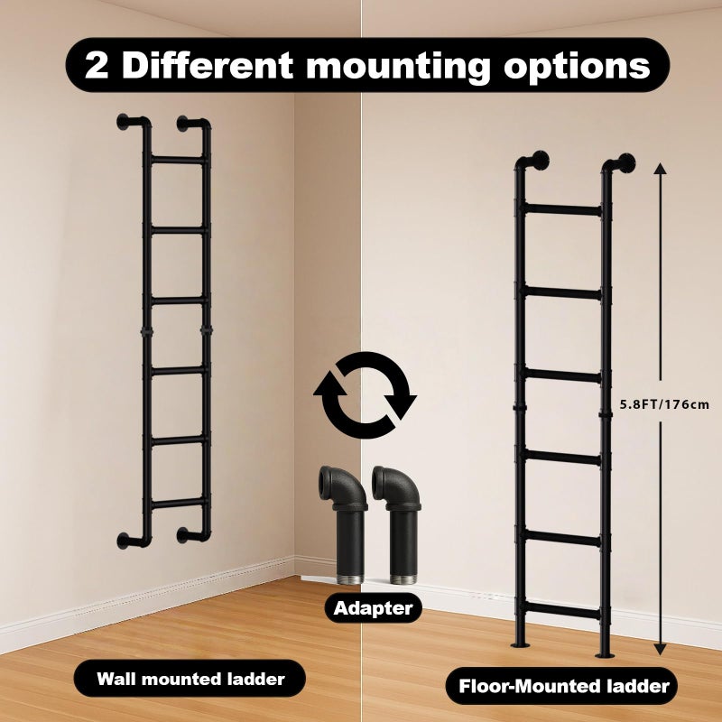 cvter Black 6-Step Wall Mounted Steel Ladder, 6FT Egress Window Well Loft Ladder for Bunk Bed, Camper, RV â€“ Wall/Floor-Mounted Indoor Climb for Basement, Loft, Dorm, Small Spaces - Image 2