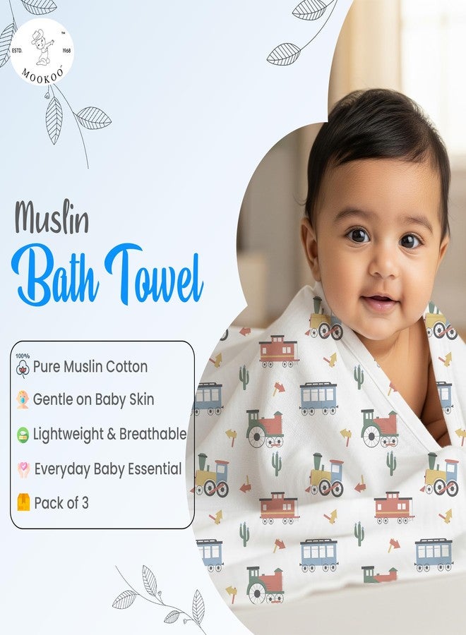Mookoo Muslin Bath Towels for Baby | Ultra Soft Cotton Baby Towel | Quick Dry Muslin Wrap | Pack of 3 | Tractor+Train+Butterfly - Image 5