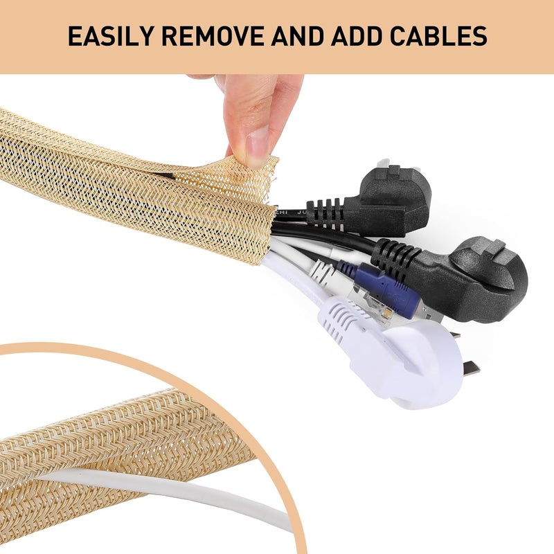 AGPTEK Cable Tidy Sleeve 2 Pack 5ft - 1.2 inch for TV Computer, Light Brown | Cable Tidy Sleeve, Wire Cover, Cord Organizer, Cable Sheath for TV, Computer, Desk, Home, Theater, Car, Light Brown - Image 4