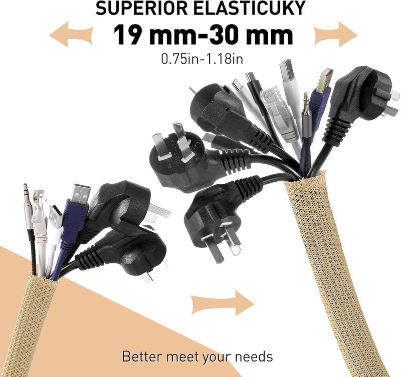 AGPTEK Cable Tidy Sleeve 2 Pack 5ft - 1.2 inch for TV Computer, Light Brown | Cable Tidy Sleeve, Wire Cover, Cord Organizer, Cable Sheath for TV, Computer, Desk, Home, Theater, Car, Light Brown - Image 3