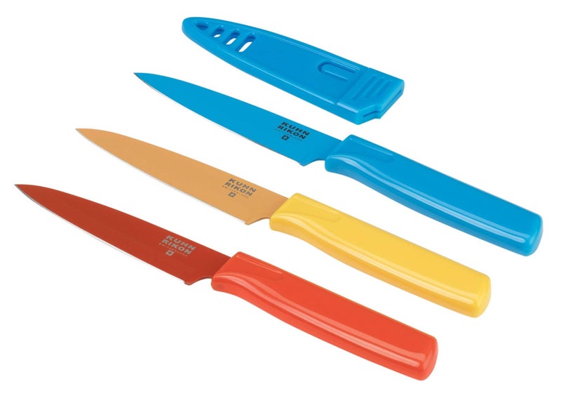 Kuhn Rikon Straight Paring Knife with Safety Sheath, 4 inch/10.16 cm Blade, Red, Yellow & Blue (Pack of 1) - Image 1