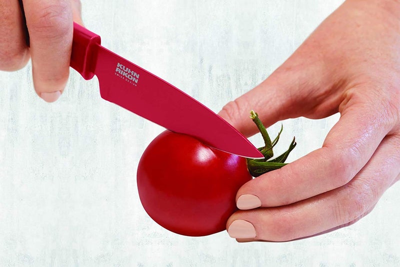 Kuhn Rikon Straight Paring Knife with Safety Sheath, 4 inch/10.16 cm Blade, Red, Yellow & Blue (Pack of 1) - Image 3