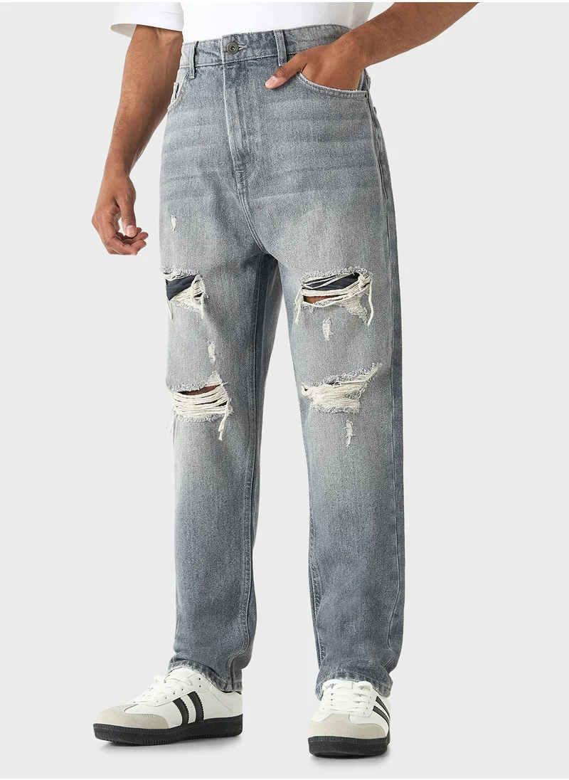 SP Characters Relaxed Fit Distressed Jeans with Button Closure