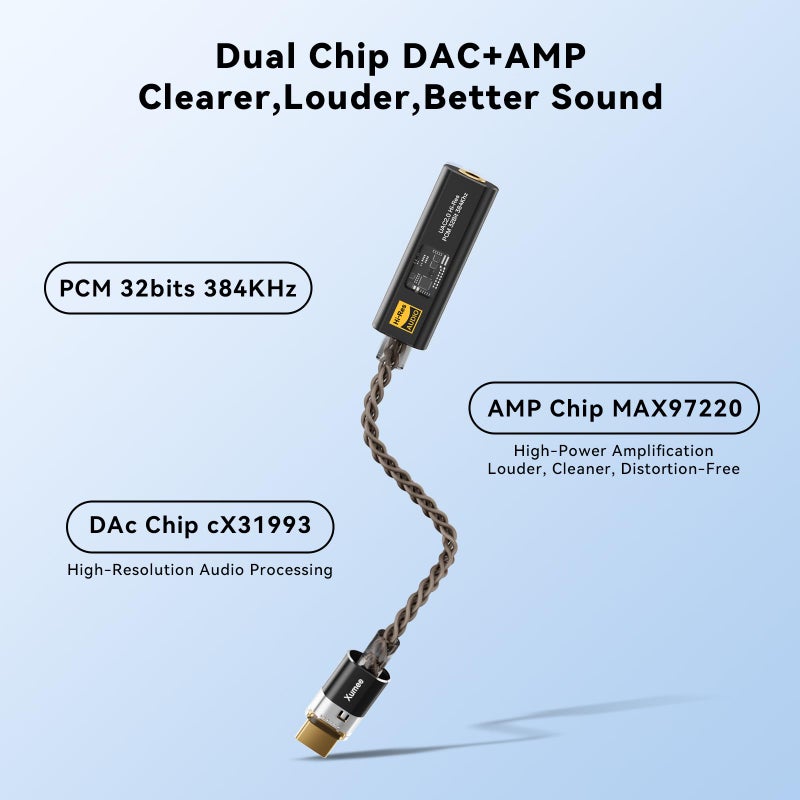 Xumee USB C to 3.5mm Audio Adapter, DAC Dongle with Dual Chip (CX31993 + MAX97220), Hi-Res 32bit/384kHz, USB C DAC AMP Dongle Compatible with iPhone 16/15 Series,Galaxy S25 / S24,Pixel (Black) - Image 2