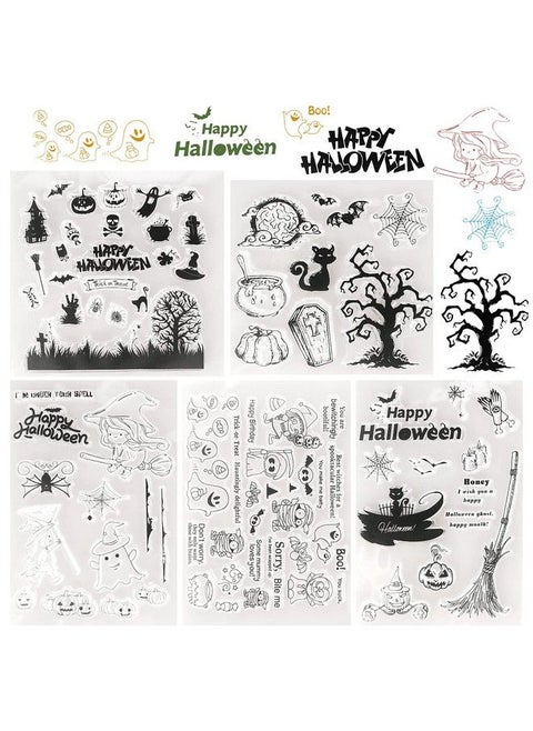 5 Sheets Halloween Clear Stamp Silicone Stamp Cards With Halloween Creatures Bat Spider Web Ghost Pattern For Halloween Holiday Card Making And Diy Scrapbooking Journaling