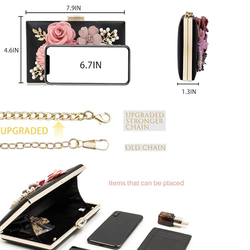 Milisente Evening Bag for Women, Flower Wedding Evening Clutch Purse Bride Floral Clutch Bag（Black - Image 4