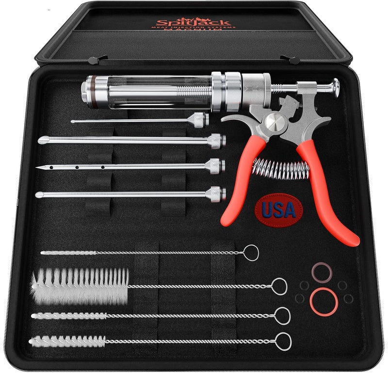 SpitJack Magnum Meat Injector Gun Food Flavor Injection Syringe for Smoked BBQ Marinades and Meat Seasoning 4 needles for Pork Butt Beef Brisket Turkey Breast 50ml Capacity Made in the USA