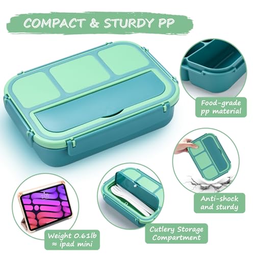 QQKO Bento Box for Kids Adults, School Toddler Lunch Box for Boys Girls, Lunch Box Containers with 4 Compartments, Sauce Container, Utensils, Food Picks and Muffin Cups for School, Green - Image 4