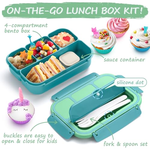 QQKO Bento Box for Kids Adults, School Toddler Lunch Box for Boys Girls, Lunch Box Containers with 4 Compartments, Sauce Container, Utensils, Food Picks and Muffin Cups for School, Green - Image 3