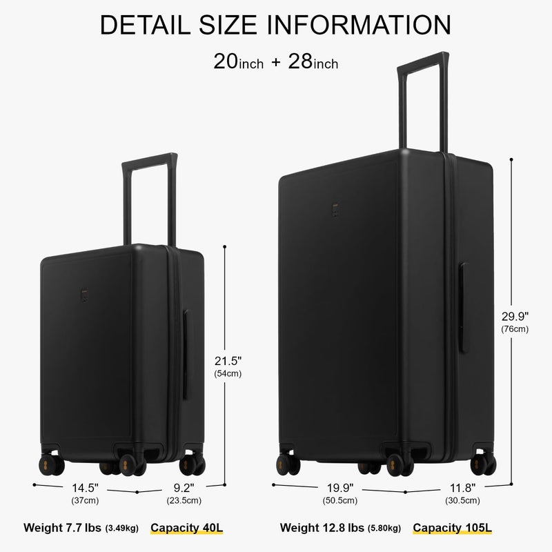 Level8 LEVEL8 Luggage Set of 2 Carry on Suitcase, Elegance Matt Design 100% PC Trolley Case TSA Approved Checked Luggage Lightweight with 8 Spinner Wheels(Black, 2 Set(40L+105L)  - Image 2