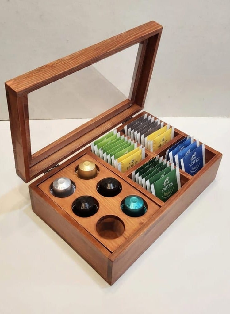 H&S Home Wooden Coffee and Tea Organizer Box with Glass Lid – Storage Case for Coffee Capsules, Tea Bags, and Beverage Essentials - Image 1