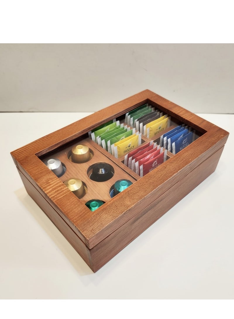 H&S Home Wooden Coffee and Tea Organizer Box with Glass Lid – Storage Case for Coffee Capsules, Tea Bags, and Beverage Essentials - Image 2