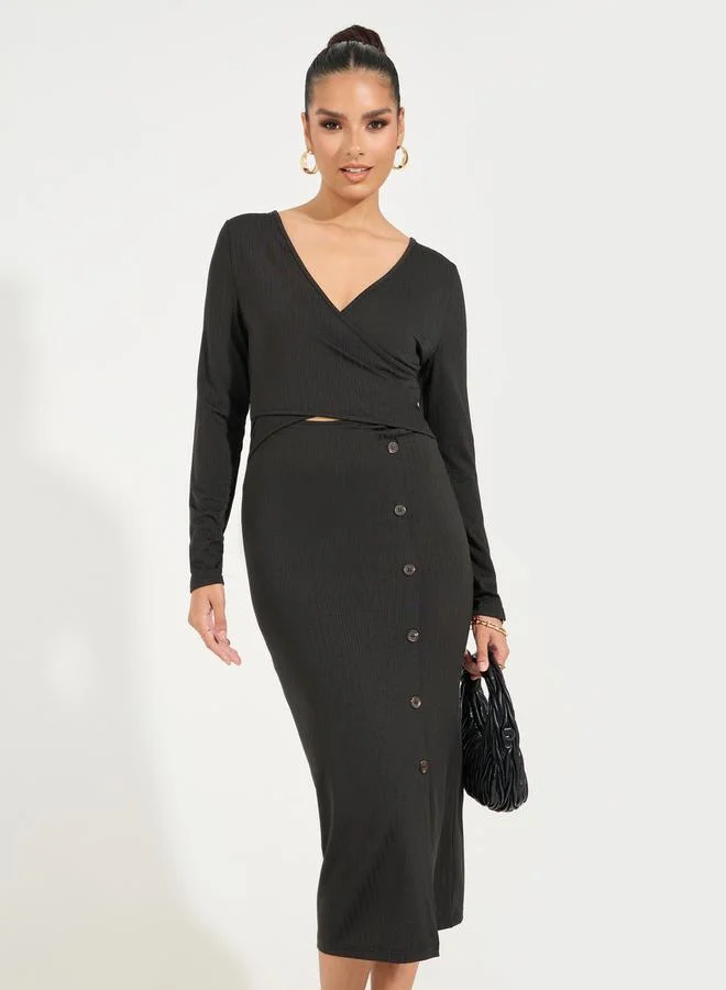 Styli Ribbed Button Midi Dress