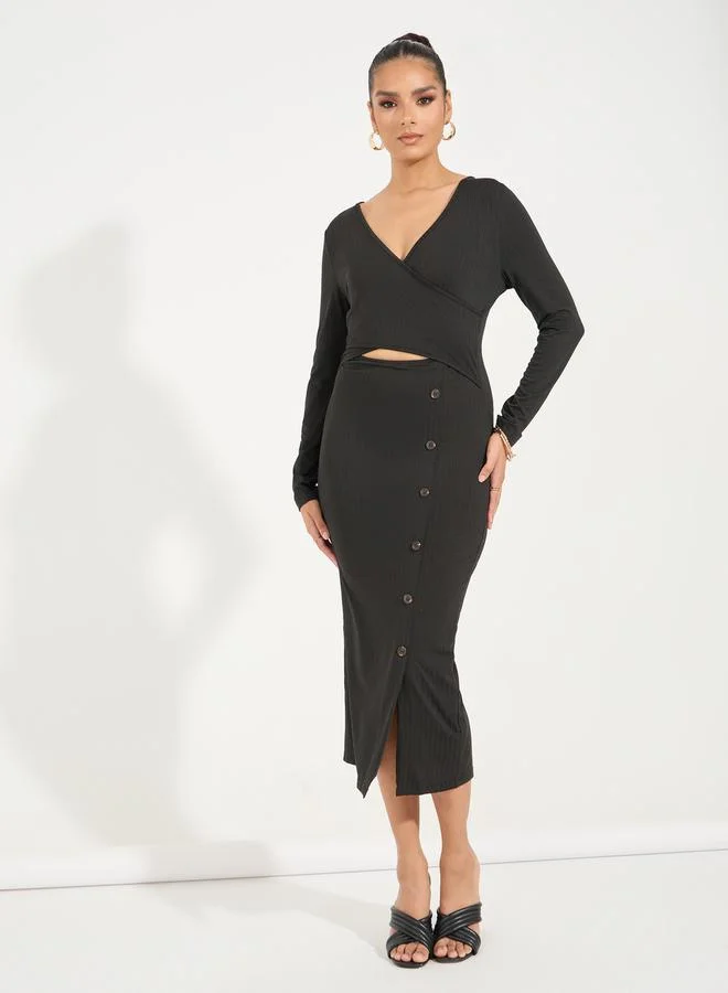 Styli Ribbed Button Midi Dress