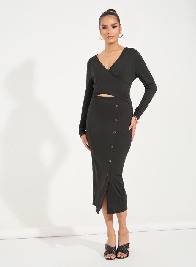 Styli Ribbed Button Midi Dress  - Image 4