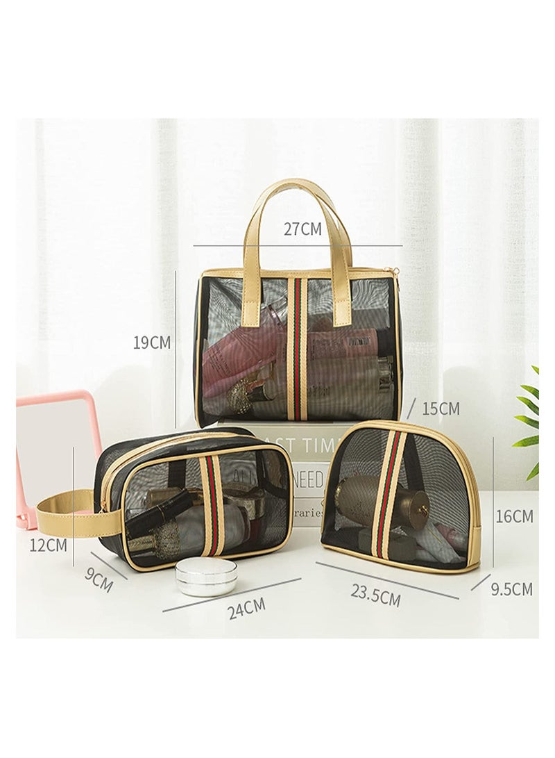 KASTWAVE SYOSI Multifunctional Storage Bag, Set of 3 Travel Cosmetic Bag Mesh Wash Bags, Quick Drying Portable Wash Bags Cosmetic Bag, Gold Stripe - Image 1