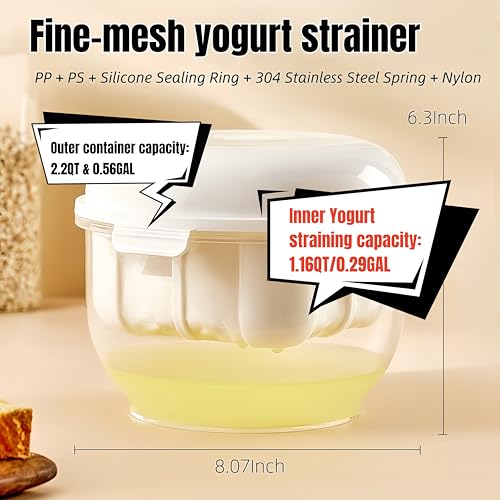 FindXeink Yogurt Strainer-[2.2QT/0.56GAL]Large, [1.16QT/0.29GAL]Filter Capacity, Spring-Assisted Yogurt Filter, Stainless Steel Mesh, BPA-Free Detachable for Homemade Greek Yogurt - Image 3