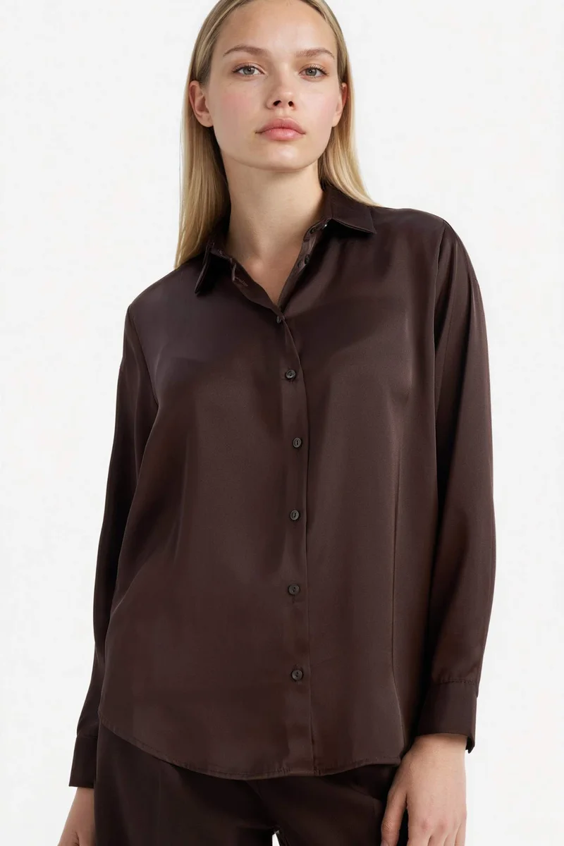 ديفاكتو Oversize Fit Shirt Collar Satin Long Sleeve Shirt