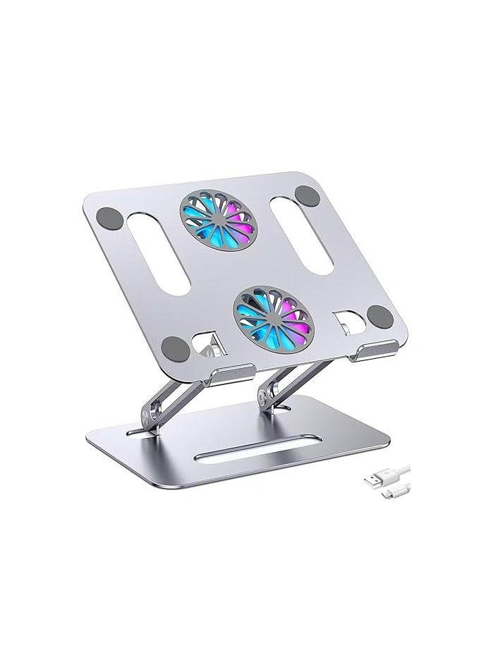 حامل لابتوب ألومنيوم محمول مع مروحة تبريد - قابل للتعديل ومضاد للانزلاق - مناسب لأجهزة 9 إلى 15.6 بوصة - فضي - Image 1