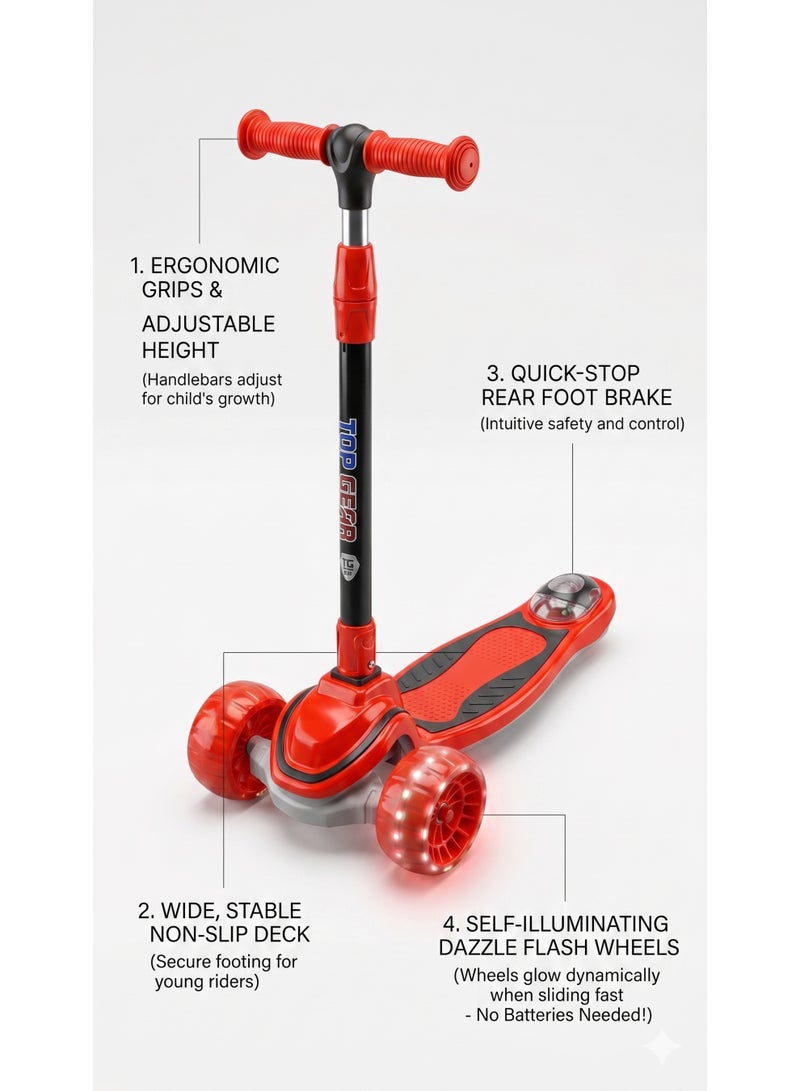 Top Gear Kids 3-Wheel Kick Scooter - TG-606 | Light-Up Flash Wheels, 3-Level Adjustable Height, Lean-to-Steer | Foldable Scooter with Rear Brake for Ages 3-8, Max 25KG (Red) - Image 2