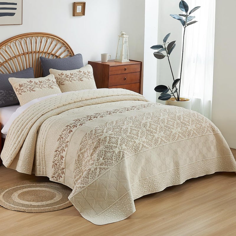 EVENHUG Floral Embroidered Quilt Set King Size 3 Piece Bedding Set Reversible Farmhouse Bedspread Coverlet with 2 Pillow Shams Lightweight Soft Bed Cover for All Season(106"X 96",Beige) - Image 3