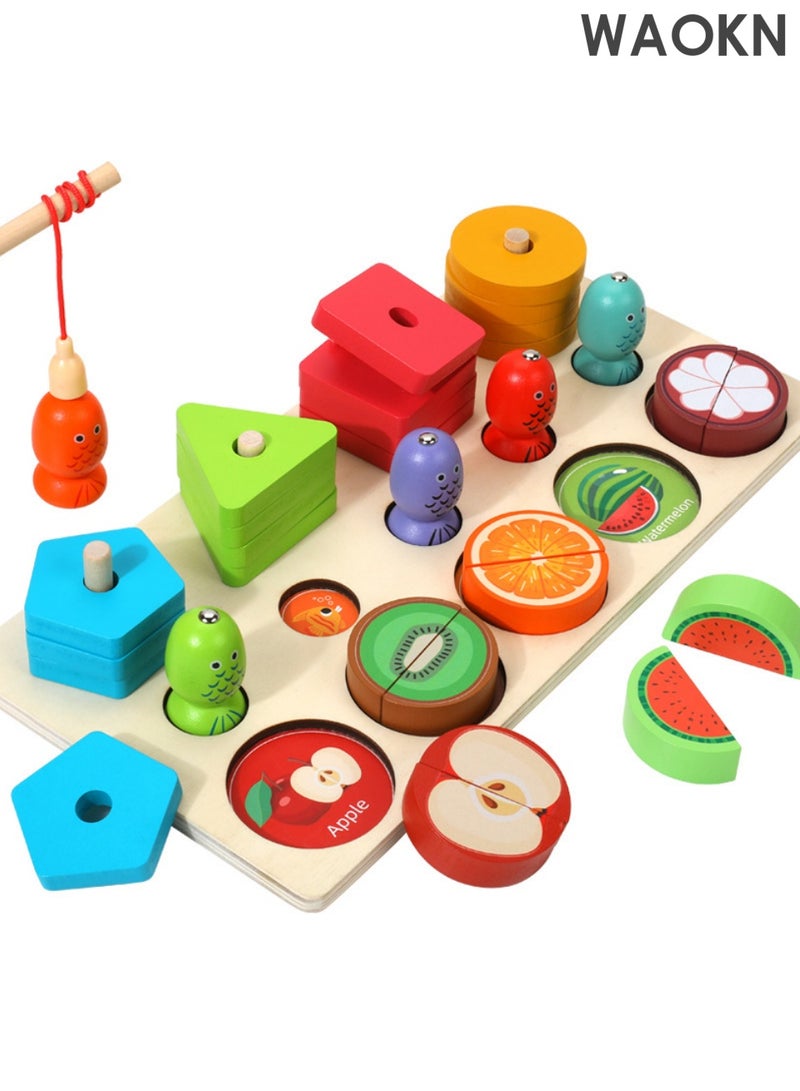 دبليو أيه أو كي أن لعبة تعليمية خشبية 3 في 1 - فرز الأشكال والألوان، والتعرف على الفواكه، وأحجية مونتيسوري التكديسية - هدية تعليمية تفاعلية للأطفال الصغار ومرحلة ما قبل المدرسة - Image 1