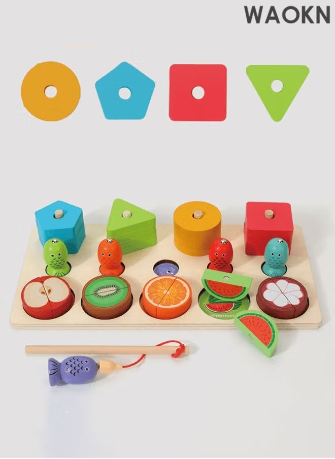 دبليو أيه أو كي أن لعبة تعليمية خشبية 3 في 1 - فرز الأشكال والألوان، والتعرف على الفواكه، وأحجية مونتيسوري التكديسية - هدية تعليمية تفاعلية للأطفال الصغار ومرحلة ما قبل المدرسة - Image 3