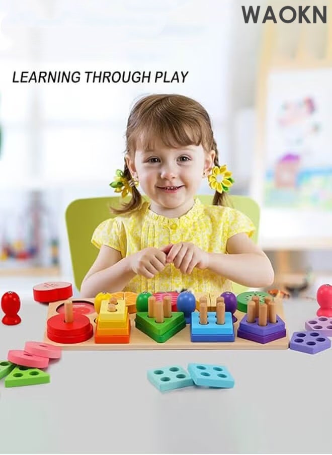دبليو أيه أو كي أن لعبة تعليمية خشبية 3 في 1 - فرز الأشكال والألوان، والتعرف على الفواكه، وأحجية مونتيسوري التكديسية - هدية تعليمية تفاعلية للأطفال الصغار ومرحلة ما قبل المدرسة - Image 2