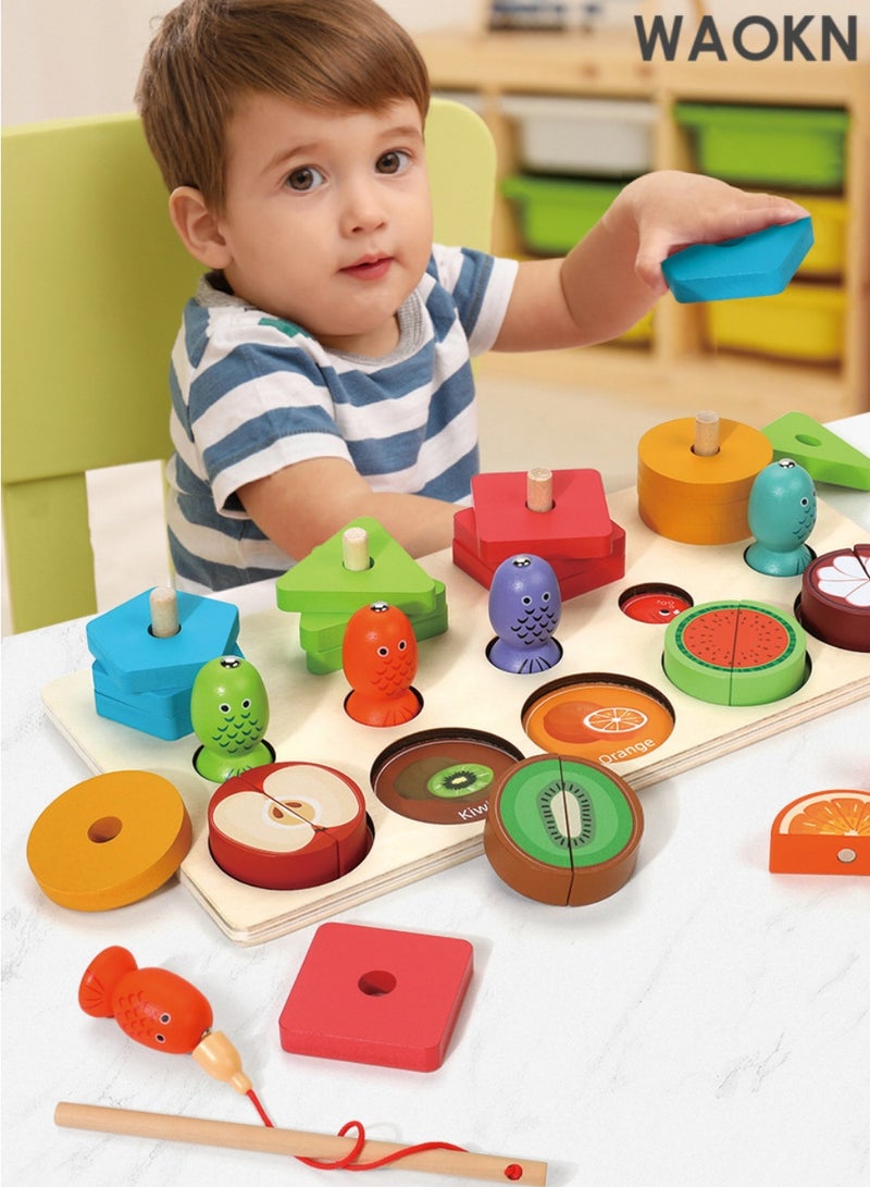 دبليو أيه أو كي أن لعبة تعليمية خشبية 3 في 1 - فرز الأشكال والألوان، والتعرف على الفواكه، وأحجية مونتيسوري التكديسية - هدية تعليمية تفاعلية للأطفال الصغار ومرحلة ما قبل المدرسة - Image 5