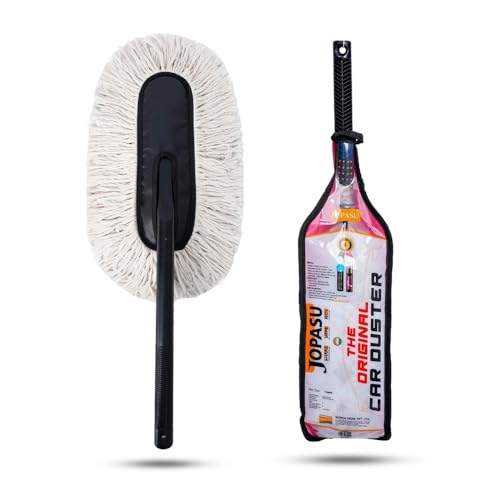 Jopasu Car Duster with Wax-Treated Cotton Strands & Long Plastic Handle | Scratch-Free Dry Dust Cleaner for Cars | Reusable Exterior Cleaning Brush - Image 1