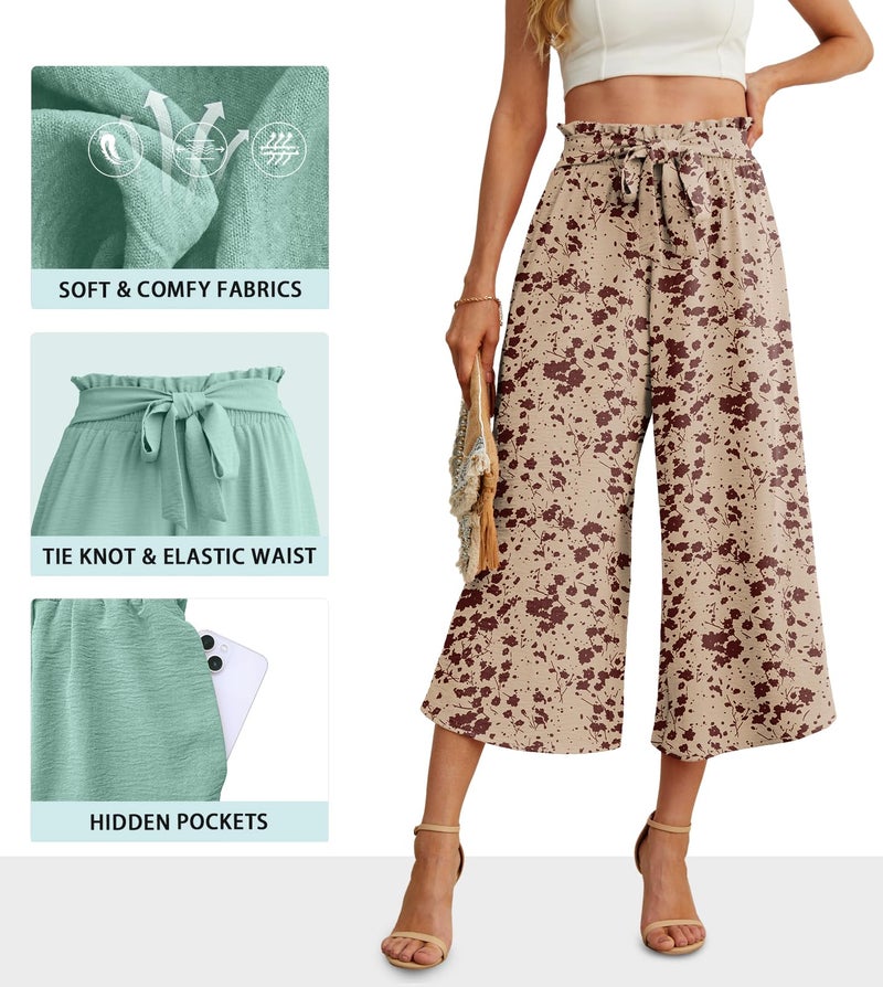 IWOLLENCE Women Flowy Loose Wide Leg Pant Summer Beach Casual Trousers high Waist Adjustable Knot Business Work Casual Pants Apricot Floral Medium - Image 4