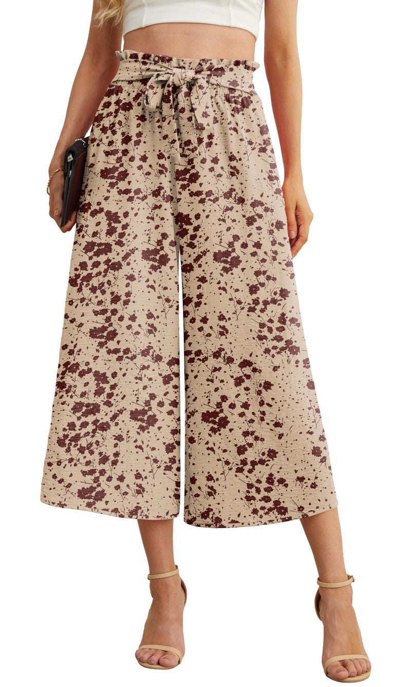 IWOLLENCE Women Flowy Loose Wide Leg Pant Summer Beach Casual Trousers high Waist Adjustable Knot Business Work Casual Pants Apricot Floral Medium - Image 1