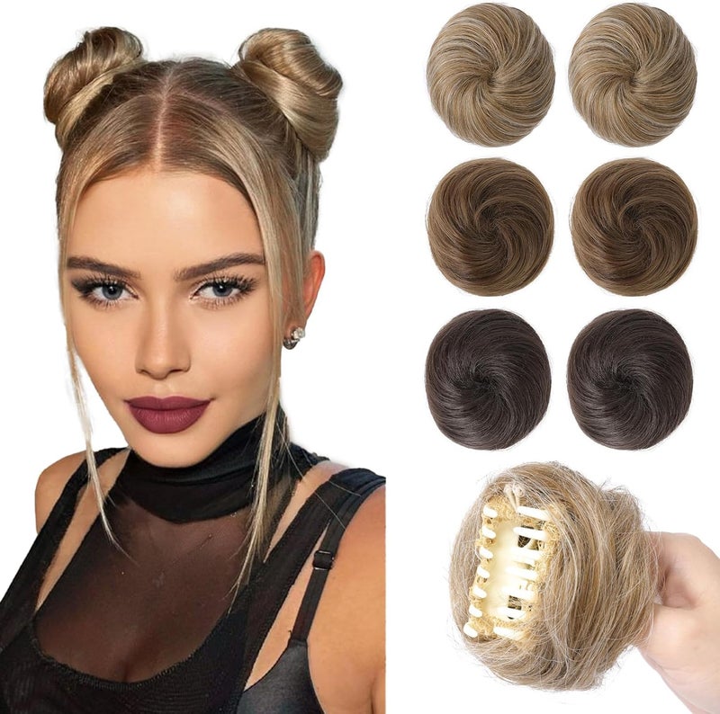 REECHO Space Bun Hair Pieces, 2 PCS Mini Claw Clip in Messy & Cat Ears Fake Hair Bun Extensions HB001 Wig Accessory Updo Hairpieces for Women Girls (Pack of 2-3" Straight, Dark Blonde) - Image 1