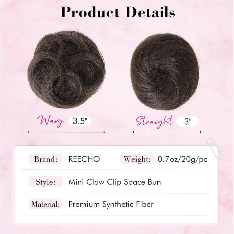 REECHO Space Bun Hair Pieces, 2 PCS Mini Claw Clip in Messy & Cat Ears Fake Hair Bun Extensions HB001 Wig Accessory Updo Hairpieces for Women Girls (Pack of 2-3" Straight, Dark Blonde) - Image 3