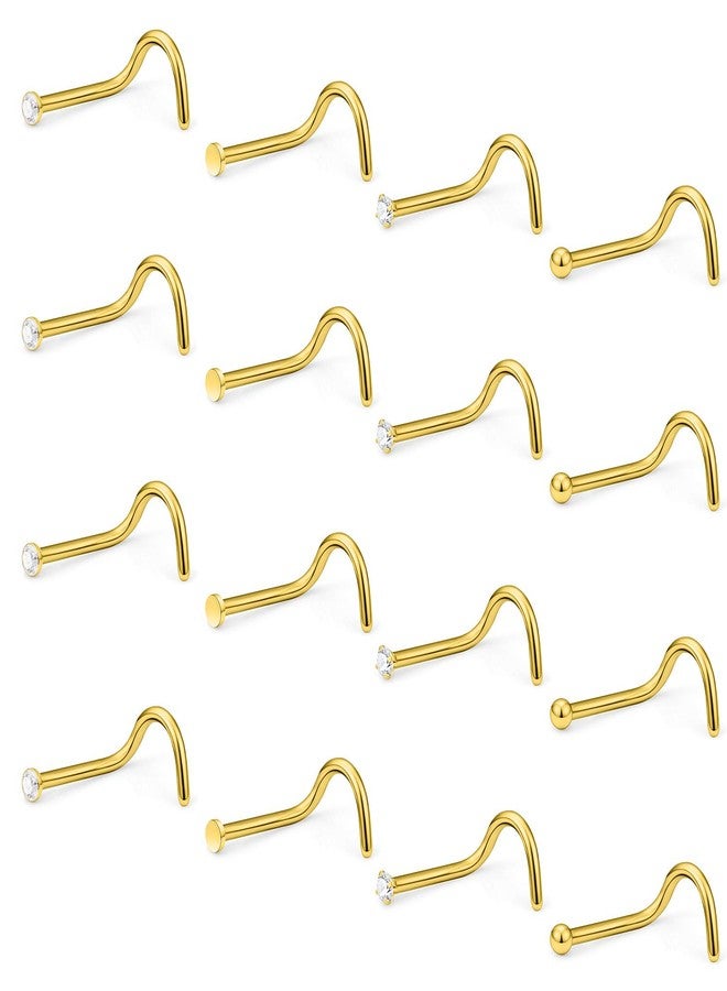 Hoeudjo Nose Studs Surgical Steel Cubic Zirconia Nose Rings Piercing Kit for Women Men Screw Nostril Rings Jewelry 20 Gauge with 1.5mm Ball Flat Gold Tone 16 Pieces - Image 1