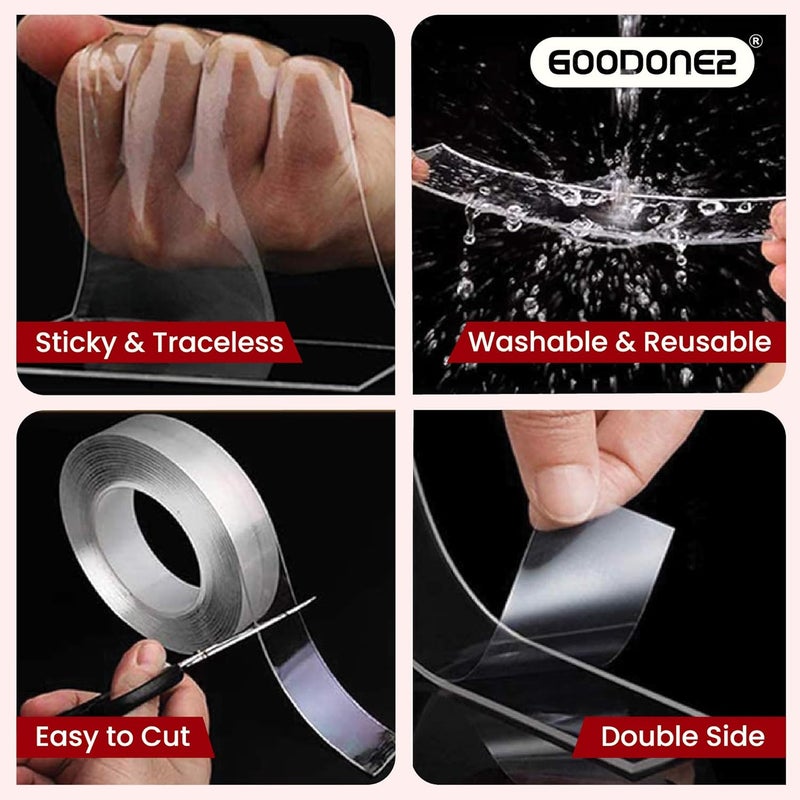 GOODONE2 Double Sided Tape Heavy Duty, Multipurpose Removable Clear & Tough Mounting Tape Sticky Adhesive, Reusable Strong Wall Tape Picture Hanging Strips Poster (Pack of 1 with Scissor) - Image 5