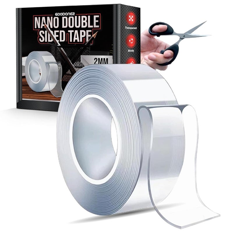 GOODONE2 Double Sided Tape Heavy Duty, Multipurpose Removable Clear & Tough Mounting Tape Sticky Adhesive, Reusable Strong Wall Tape Picture Hanging Strips Poster (Pack of 1 with Scissor) - Image 1