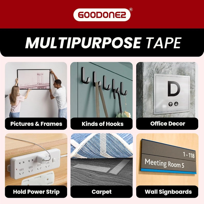 GOODONE2 Double Sided Tape Heavy Duty, Multipurpose Removable Clear & Tough Mounting Tape Sticky Adhesive, Reusable Strong Wall Tape Picture Hanging Strips Poster (Pack of 1 with Scissor) - Image 3