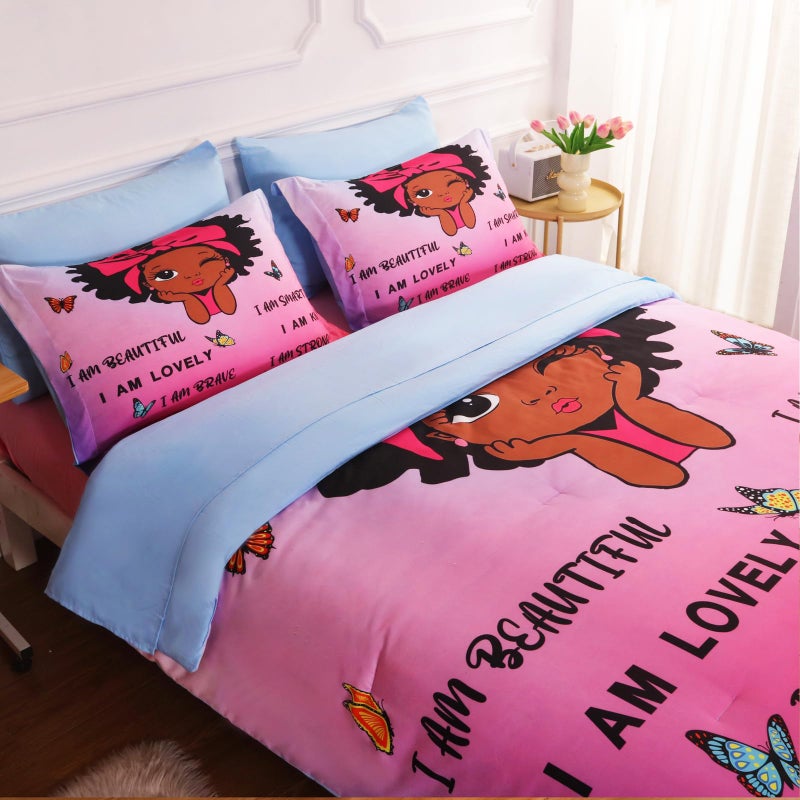 Gusuhome 7 Piece Black Girls Magic Comforter Sets Full Size African American Girl Bedding Set Bed in A Bag for Girls Kids Teens Inspirational Quotes Pink Blue Quilts Room Decor
