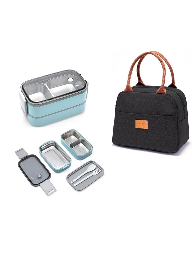 ماهمير صندوق غداء من الفولاذ المقاوم للصدأ - صندوق بينتو معزول متعدد الوظائف -صندوق غداء مع مقصورتين وأدوات مائدة ( 304 من الفولاذ المقاوم للصدأ ) صندوق غداء مع غداء MahMir حقيبة غداء ( أزرق فاتح + حقيبة غدا - Image 1