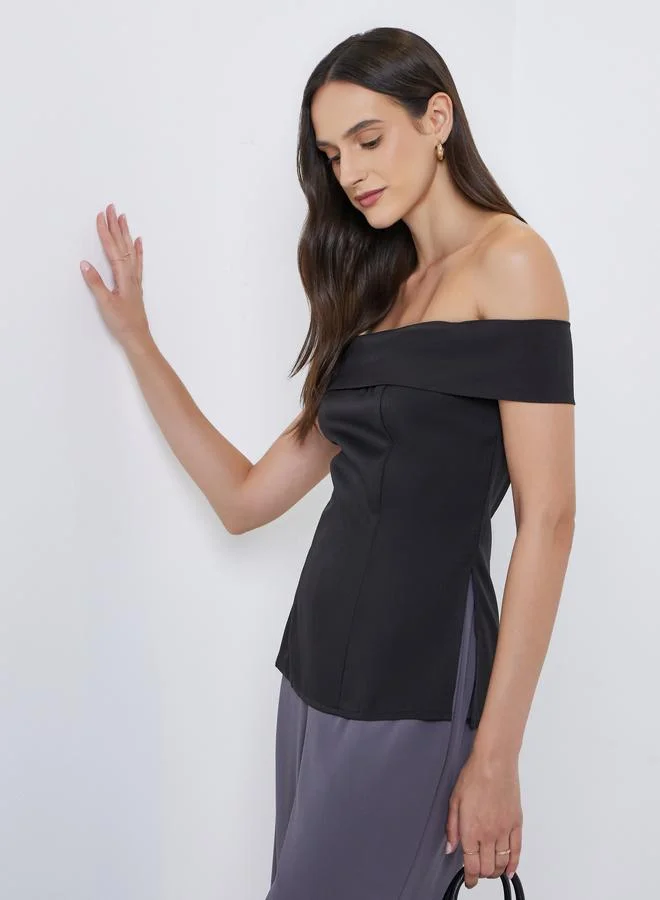 Styli Styli Solid Off Shoulder Blouse with Side Slit Detail