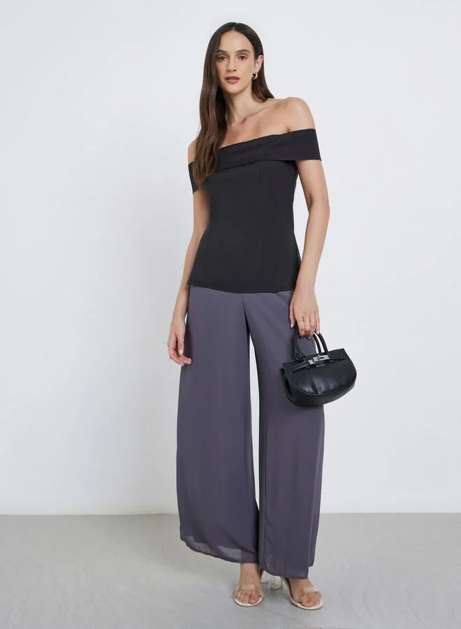 Styli Solid Off Shoulder Blouse with Side Slit Detail