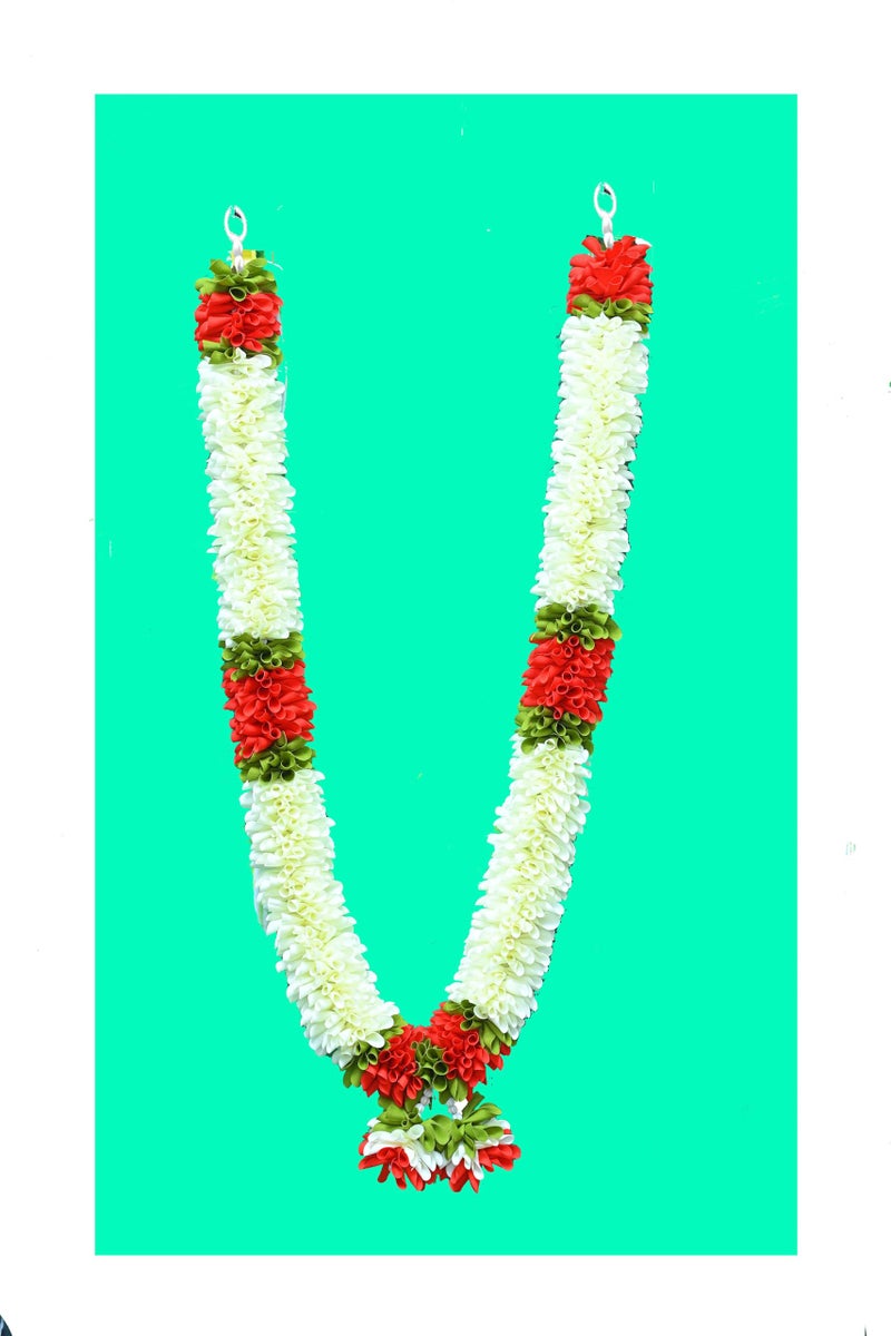 C nuw Green,Red,White Handmade Fabric & Plastic Beads Garland - Elegant Artificial Mala for Pooja, Photo Frames & Home Decor | Traditional Decorative Hanging for Festive & Daily Use PG3, 5 Petals - Image 1