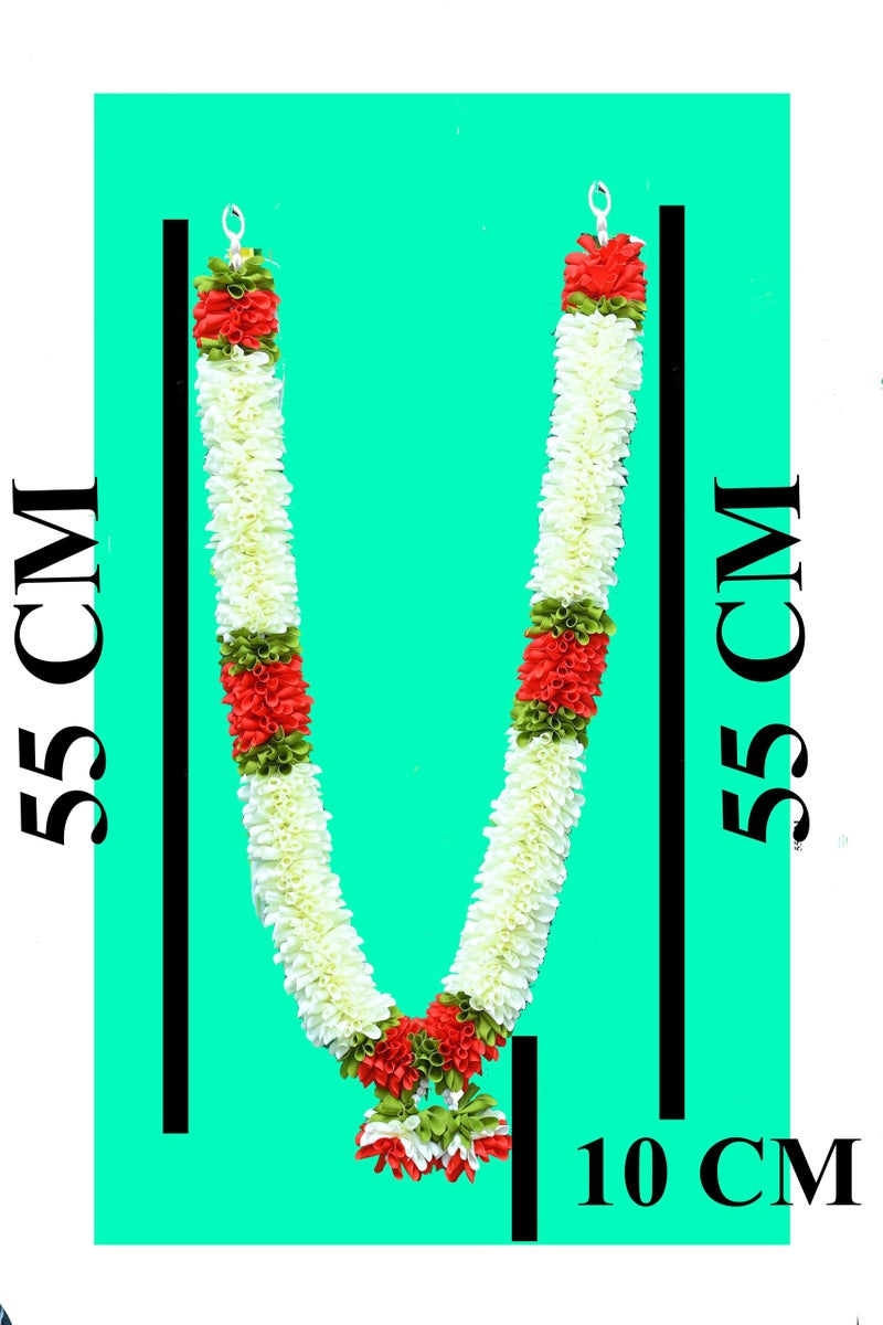 C nuw Green,Red,White Handmade Fabric & Plastic Beads Garland - Elegant Artificial Mala for Pooja, Photo Frames & Home Decor | Traditional Decorative Hanging for Festive & Daily Use PG3, 5 Petals - Image 2