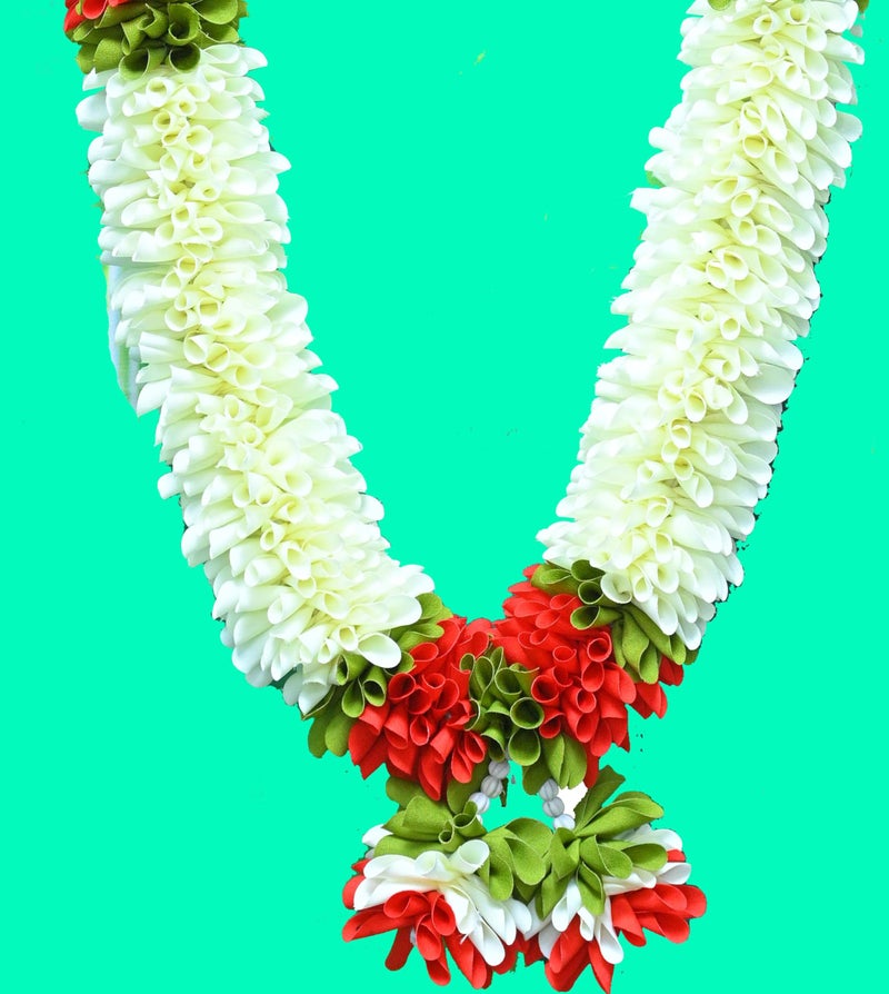 C nuw Green,Red,White Handmade Fabric & Plastic Beads Garland - Elegant Artificial Mala for Pooja, Photo Frames & Home Decor | Traditional Decorative Hanging for Festive & Daily Use PG3, 5 Petals - Image 4