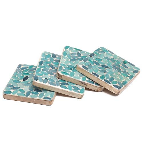 POSH-DIKUR Handmade Turquoise Coloured Leaves Wooden Coasters for teacups Coffee Drink Glasses | Handcrafted in India | Kitchen/Dining Table Decoration Items |Premium Mango Wood | Set of 4 - Image 1