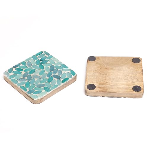 POSH-DIKUR Handmade Turquoise Coloured Leaves Wooden Coasters for teacups Coffee Drink Glasses | Handcrafted in India | Kitchen/Dining Table Decoration Items |Premium Mango Wood | Set of 4 - Image 3