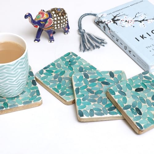 POSH-DIKUR Handmade Turquoise Coloured Leaves Wooden Coasters for teacups Coffee Drink Glasses | Handcrafted in India | Kitchen/Dining Table Decoration Items |Premium Mango Wood | Set of 4 - Image 4