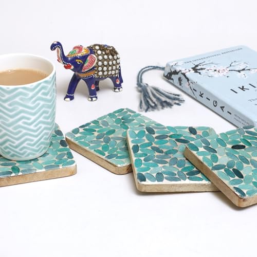 POSH-DIKUR Handmade Turquoise Coloured Leaves Wooden Coasters for teacups Coffee Drink Glasses | Handcrafted in India | Kitchen/Dining Table Decoration Items |Premium Mango Wood | Set of 4 - Image 5