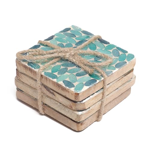 POSH-DIKUR Handmade Turquoise Coloured Leaves Wooden Coasters for teacups Coffee Drink Glasses | Handcrafted in India | Kitchen/Dining Table Decoration Items |Premium Mango Wood | Set of 4 - Image 2